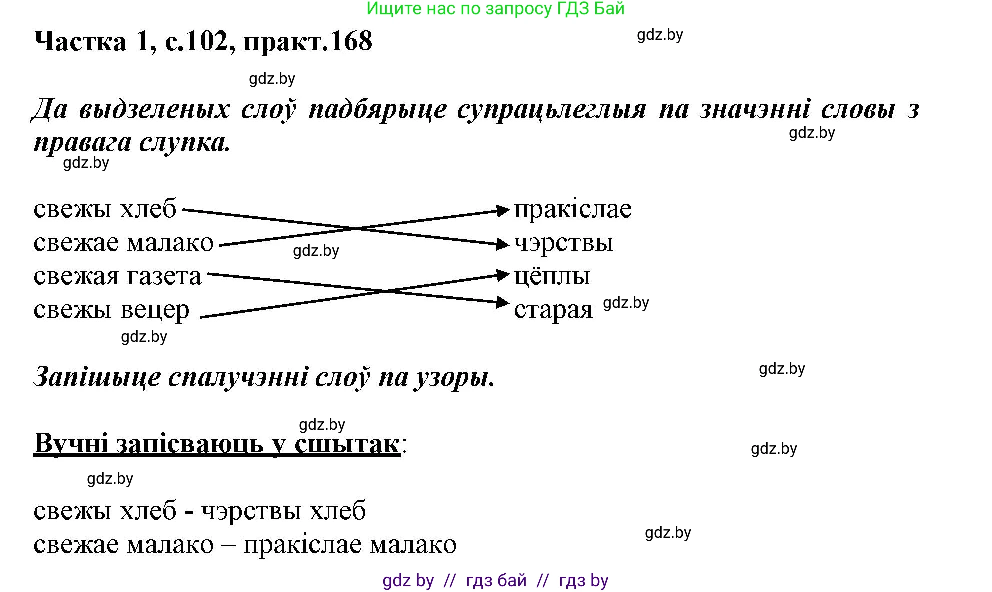 Белорусский язык (Беларуская мова), 3 класс Учебник, автор: Свірыдзенка Вольга Іванаўна, издательство Нацыянальны інстытут адукацыі, Минск, 2023, зелёного цвета, Частка 1, страница 102, номер 168, Решение