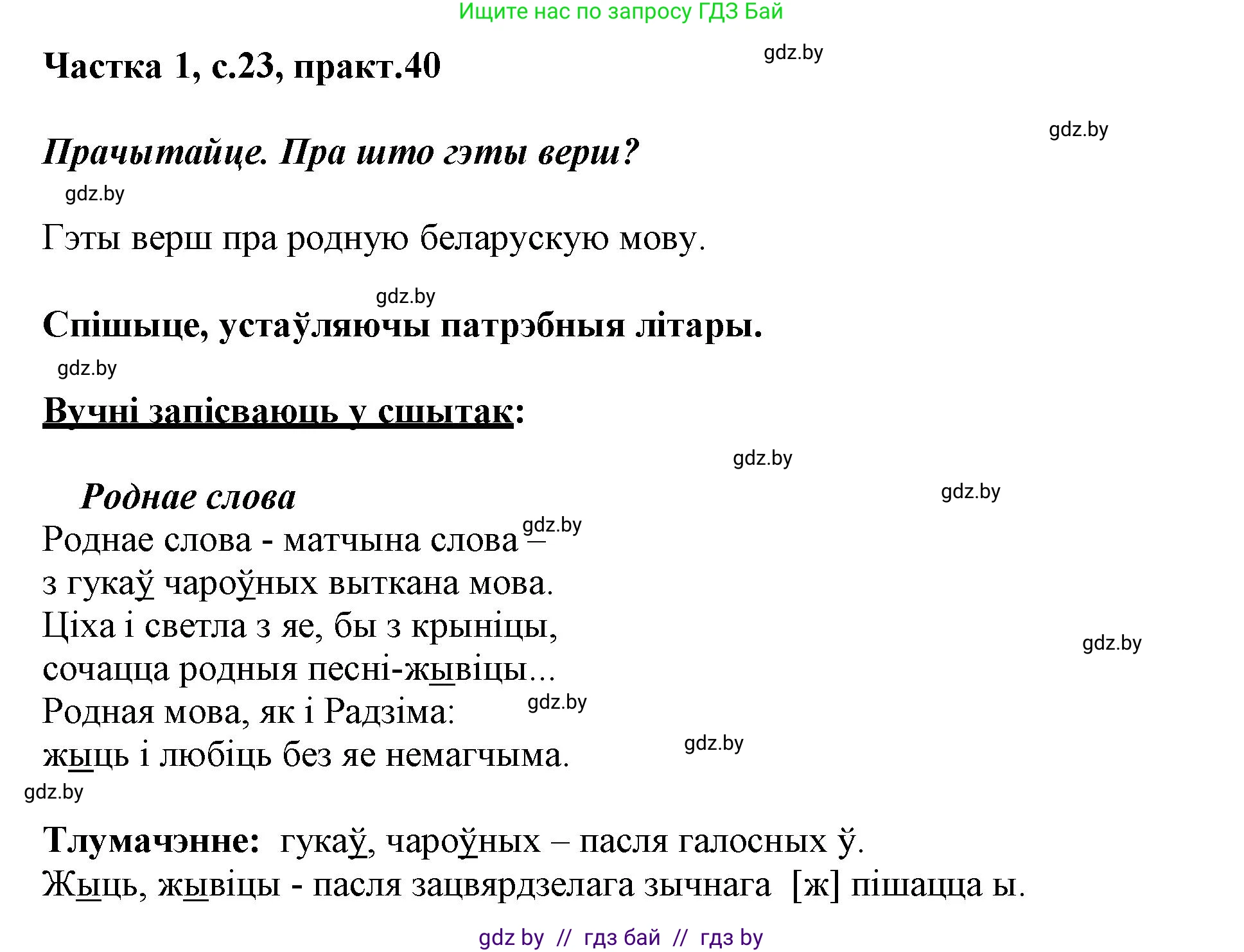 Белорусский язык (Беларуская мова), 3 класс Учебник, автор: Свірыдзенка Вольга Іванаўна, издательство Нацыянальны інстытут адукацыі, Минск, 2023, зелёного цвета, Частка 1, страница 23, номер 40, Решение
