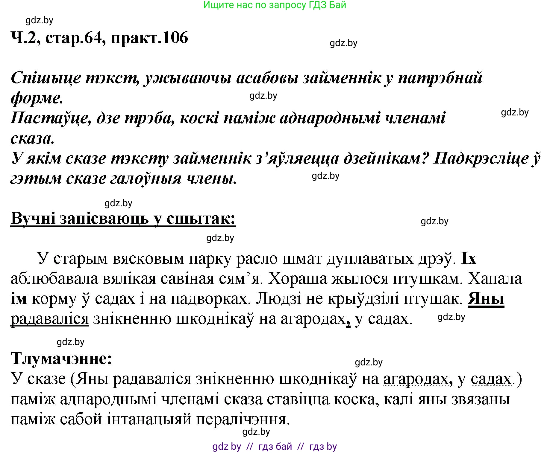 Белорусский язык (Беларуская мова), 4 класс Учебник, автор: Свірыдзенка Вольга Іванаўна, издательство Нацыянальны інстытут адукацыі, Минск, 2024, голубого цвета, Частка 2, страница 64, номер 106, Решение 2024