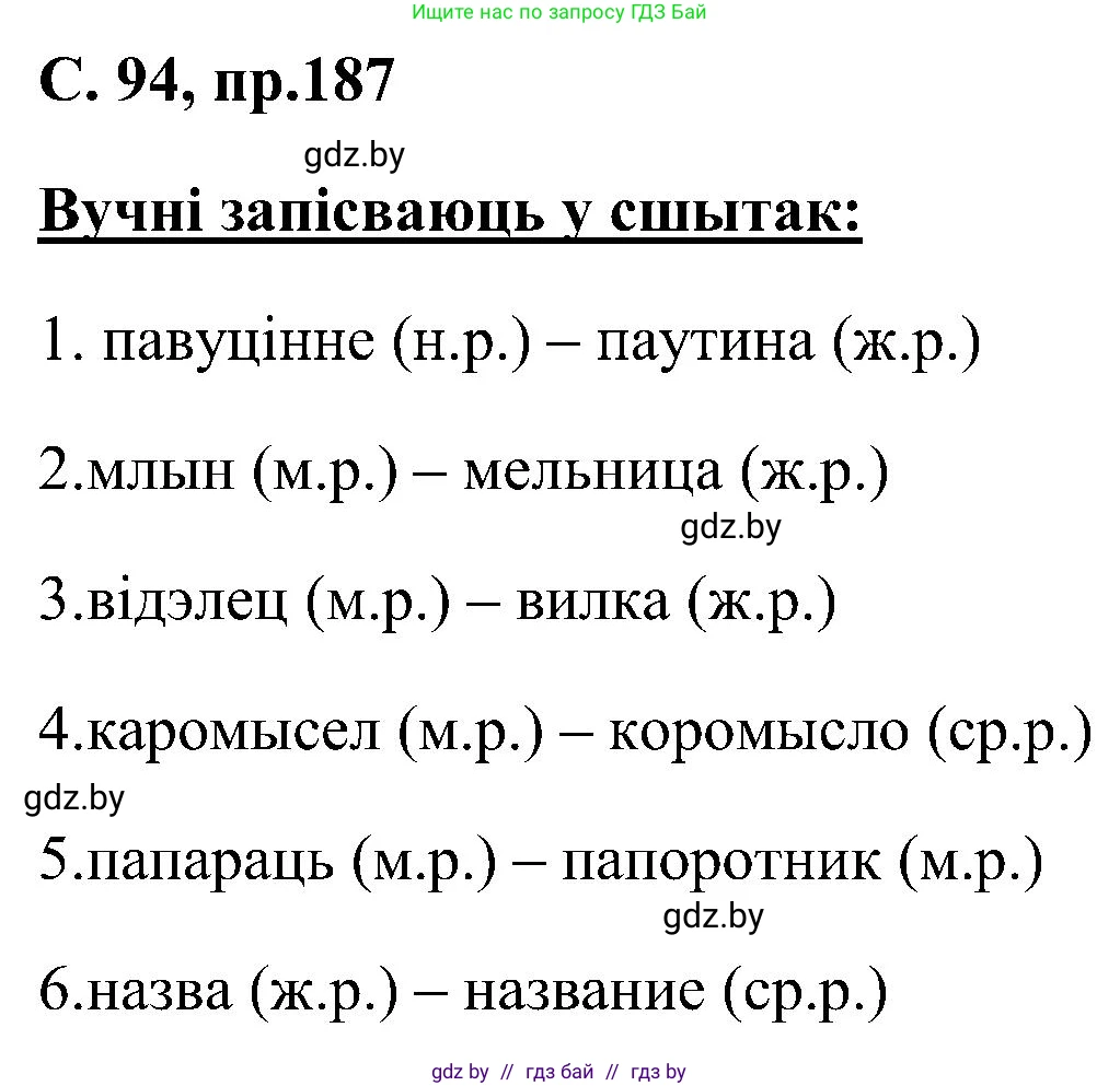 Белорусский язык (Беларуская мова), 6 класс Учебник, авторы: Валочка Ганна Міхайлаўна, Зелянко Вольга Уладзіміраўна, Мартынкевіч Святлана Васільеўна, Якуба Святлана Міхайлаўна, Бажкова Т І, издательство Акадэмія адукацыі, Минск, 2025, страница 94, номер 187, Решение
