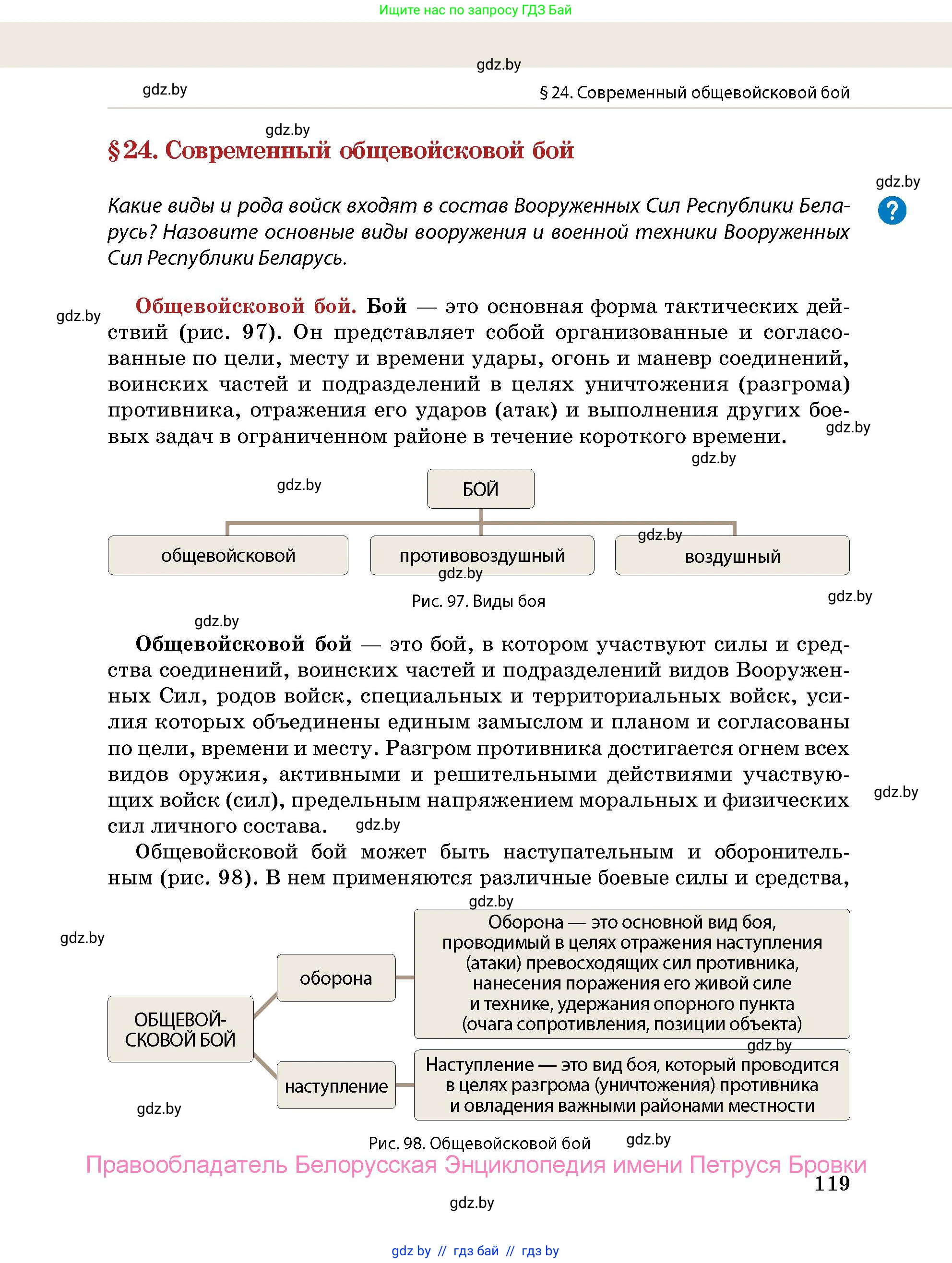 допризывная подготовка, 10-11 класс Учебник, авторы: Драгунов Вадим Валерьевич, Богдан Василий Генрихович, Городниченко Александр Николаевич, Дроговоз И Г, Кирпичев С Н, Мирончук С П, Павлющик А А, Ржеутский Л Я, Савчанчик С А, Стринкевич А Л, Хатешев Н С, Шелудков И Г, Шуканов С В, издательство Белорусская Энциклопедия имени Петруся Бровки, Минск, 2019, страница 119