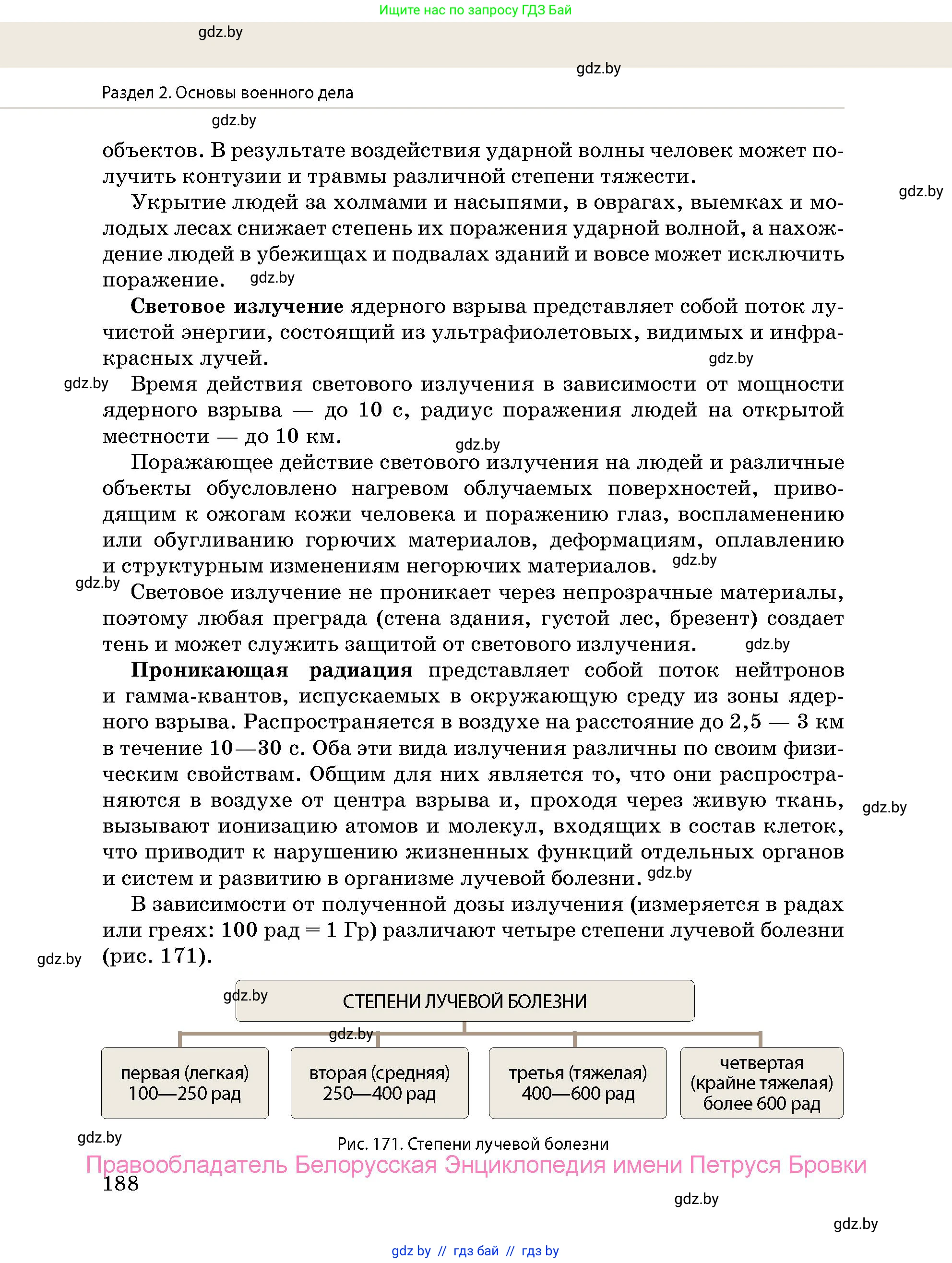 допризывная подготовка, 10-11 класс Учебник, авторы: Драгунов Вадим Валерьевич, Богдан Василий Генрихович, Городниченко Александр Николаевич, Дроговоз И Г, Кирпичев С Н, Мирончук С П, Павлющик А А, Ржеутский Л Я, Савчанчик С А, Стринкевич А Л, Хатешев Н С, Шелудков И Г, Шуканов С В, издательство Белорусская Энциклопедия имени Петруся Бровки, Минск, 2019, страница 188