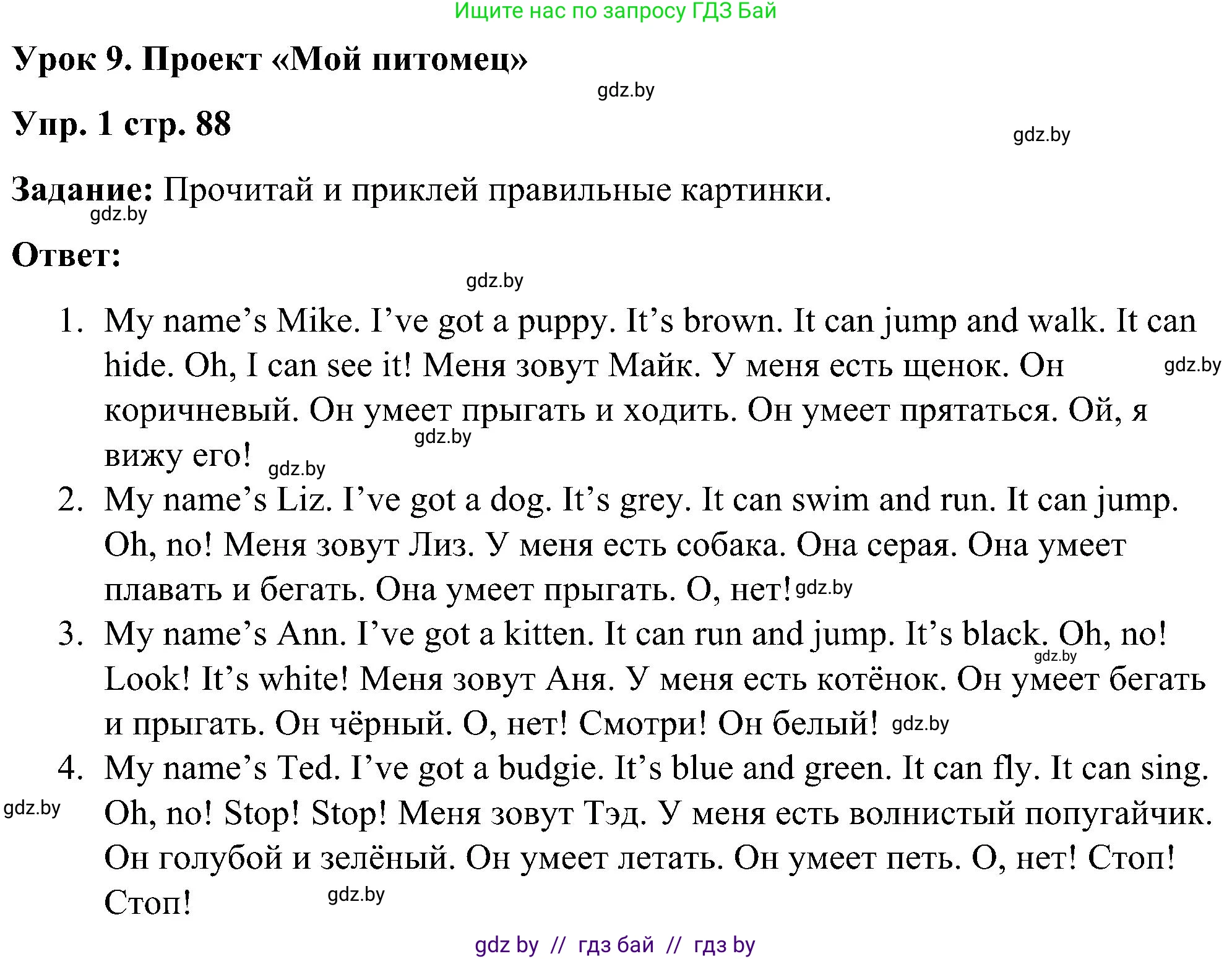 Английский язык (english), 3 класс практикум (activity book ), авторы: Лапицкая Людмила Михайловна (Lapitskaya Ludmila), Калишевич Алла Ивановна, Севрюкова Татьяна Юрьевна, Седунова Наталья Михайловна (Sedunova Natalia), издательство Аверсэв, Минск, 2023, зелёного цвета, Часть 1, страница 88, номер 1, Решение