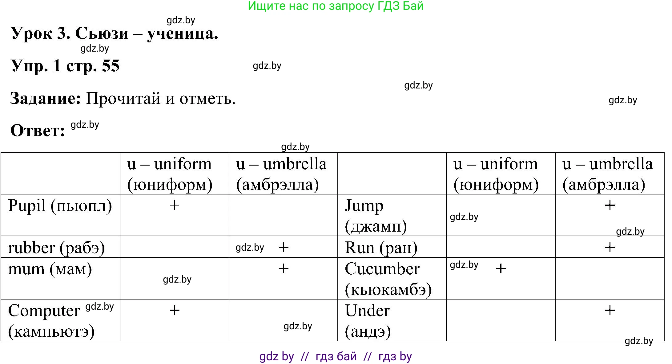 Английский язык (english), 3 класс практикум (activity book ), авторы: Лапицкая Людмила Михайловна (Lapitskaya Ludmila), Калишевич Алла Ивановна, Севрюкова Татьяна Юрьевна, Седунова Наталья Михайловна (Sedunova Natalia), издательство Аверсэв, Минск, 2023, зелёного цвета, Часть 2, страница 55, номер 1, Решение