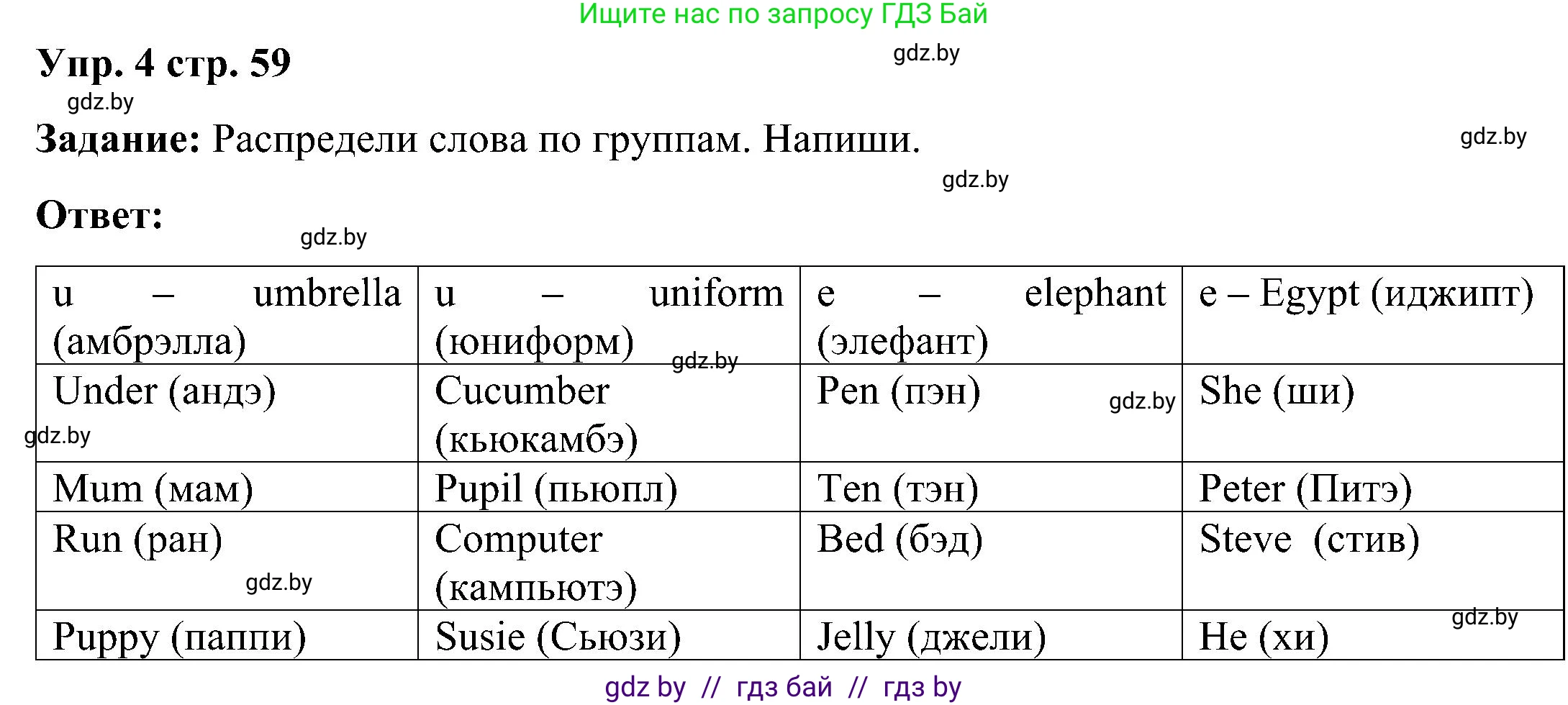 Английский язык (english), 3 класс практикум (activity book ), авторы: Лапицкая Людмила Михайловна (Lapitskaya Ludmila), Калишевич Алла Ивановна, Севрюкова Татьяна Юрьевна, Седунова Наталья Михайловна (Sedunova Natalia), издательство Аверсэв, Минск, 2023, зелёного цвета, Часть 2, страница 59, номер 4, Решение