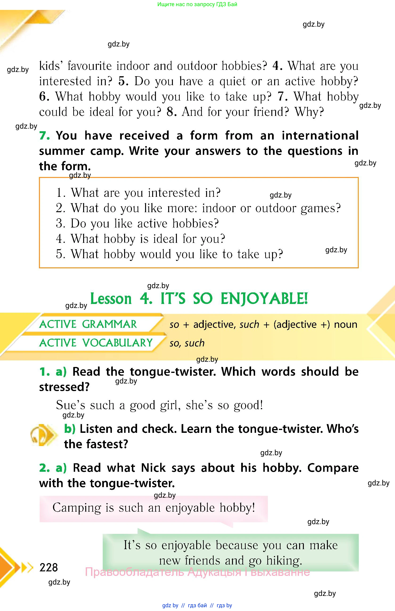 Английский язык (english), 6 класс Учебник, авторы: Юхнель Наталья Валентиновна, Наумова Елена Георгиевна, Малиновская Елена Александровна, издательство Адукацыя i выхаванне, Минск, 2021, страница 228