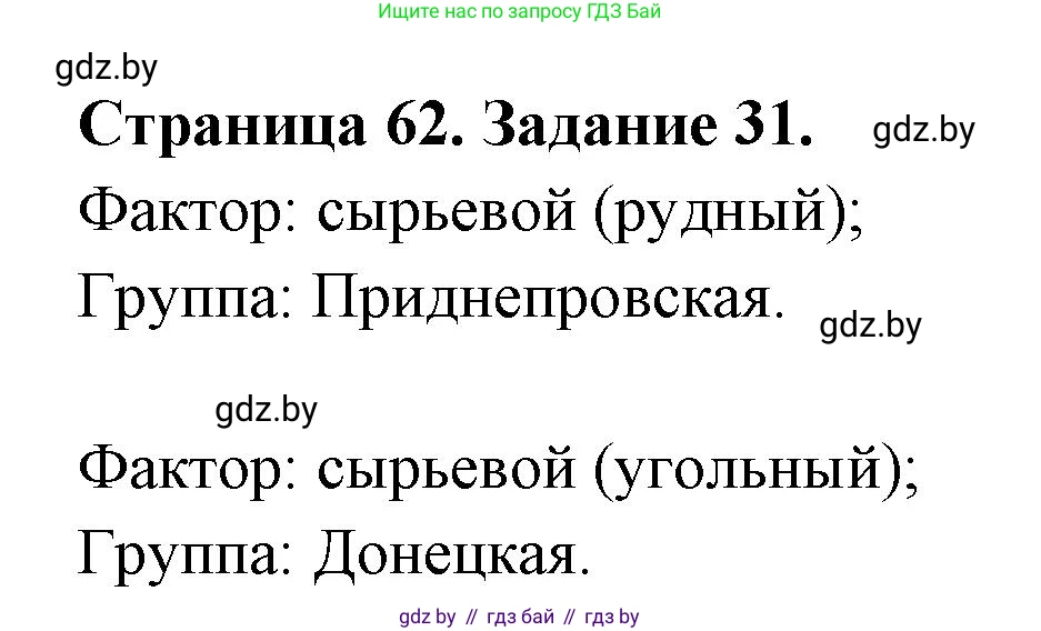 География, 8 класс Тетрадь для практических работ и индивидуальных заданий, авторы: Витченко Александр Николаевич, Антипова Екатерина Анатольевна, Станкевич Наталья Григорьевна, издательство Аверсэв, Минск, 2024, страница 62, номер 31, Решение