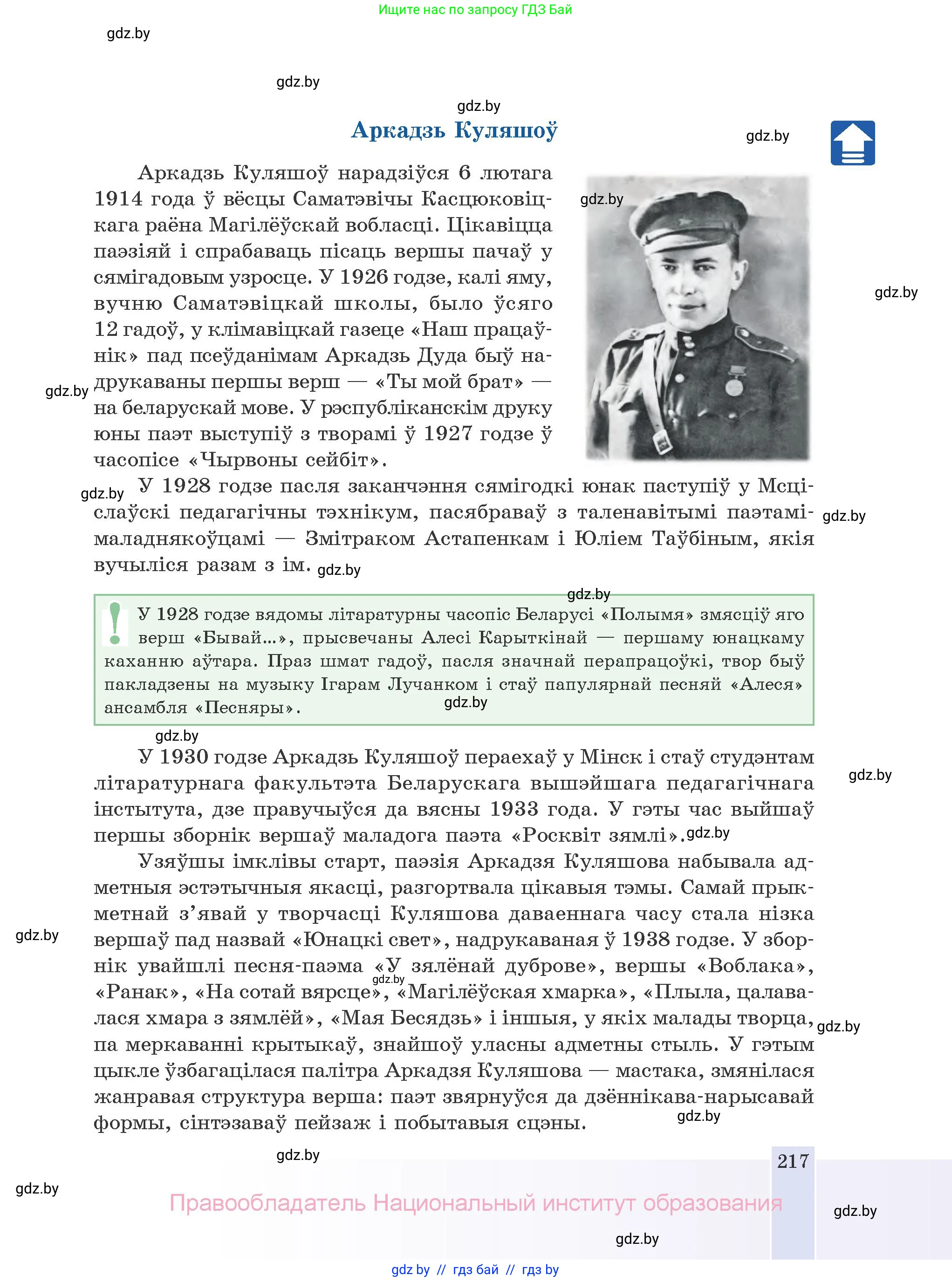 Белорусская литература (Беларуская літаратура), 10 класс Учебник, авторы: Бязлепкіна-Чарнякевіч Аксана Пятроўна, Акушэвіч Андрэй Аляксандравіч, Воюш Інга Дзмітрыеўна, Еўмянькоў В І, Заяц Н В, Караткевіч В І, Кузьміч Н В, Скакоўская А У, Часнок І Ч, издательство Нацыянальны інстытут адукацыі, Минск, 2020, зелёного цвета, страница 217