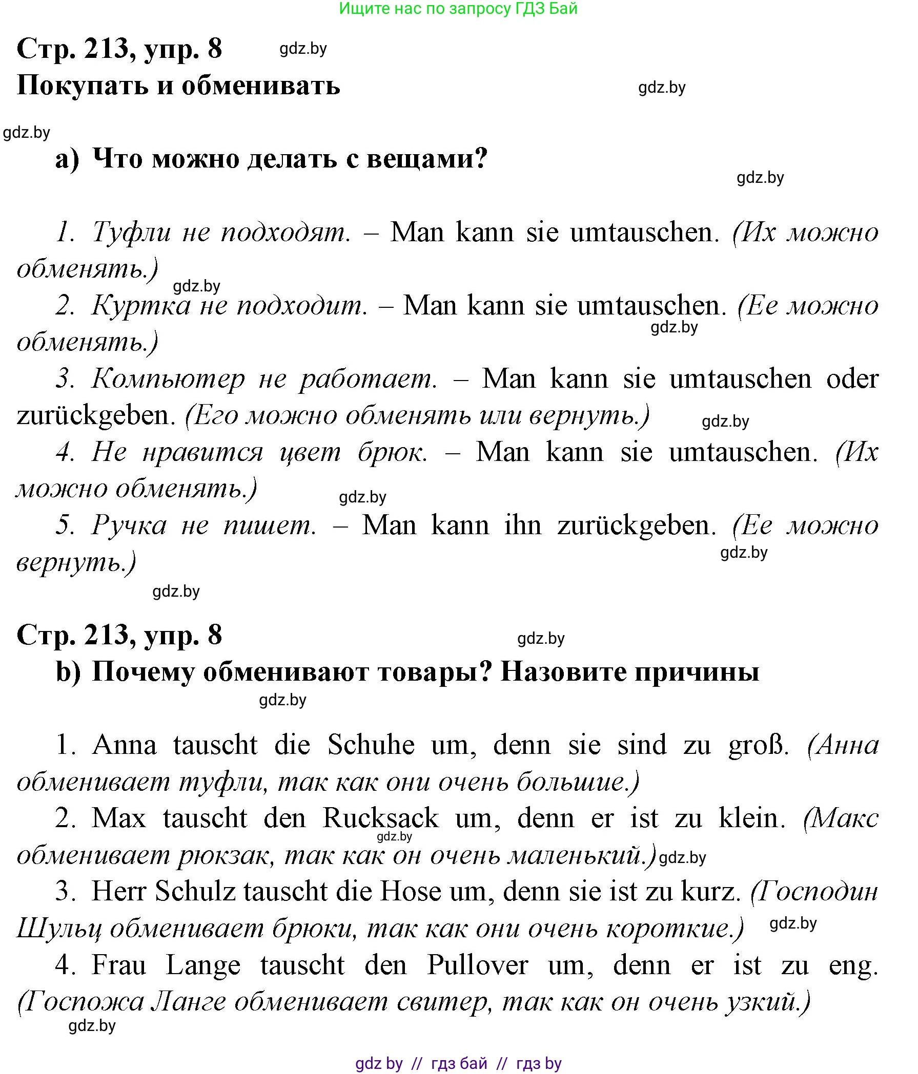 Немецкий язык (Deutsch), 7 класс Учебник (Schülerbuch), авторы: Будько Антонина Филипповна (Budjko Antonina), Урбанович Инна Ювинальевна (Urbanowitsch Ina), издательство Вышэйшая школа, Минск, 2021, страница 213, номер 8, Решение