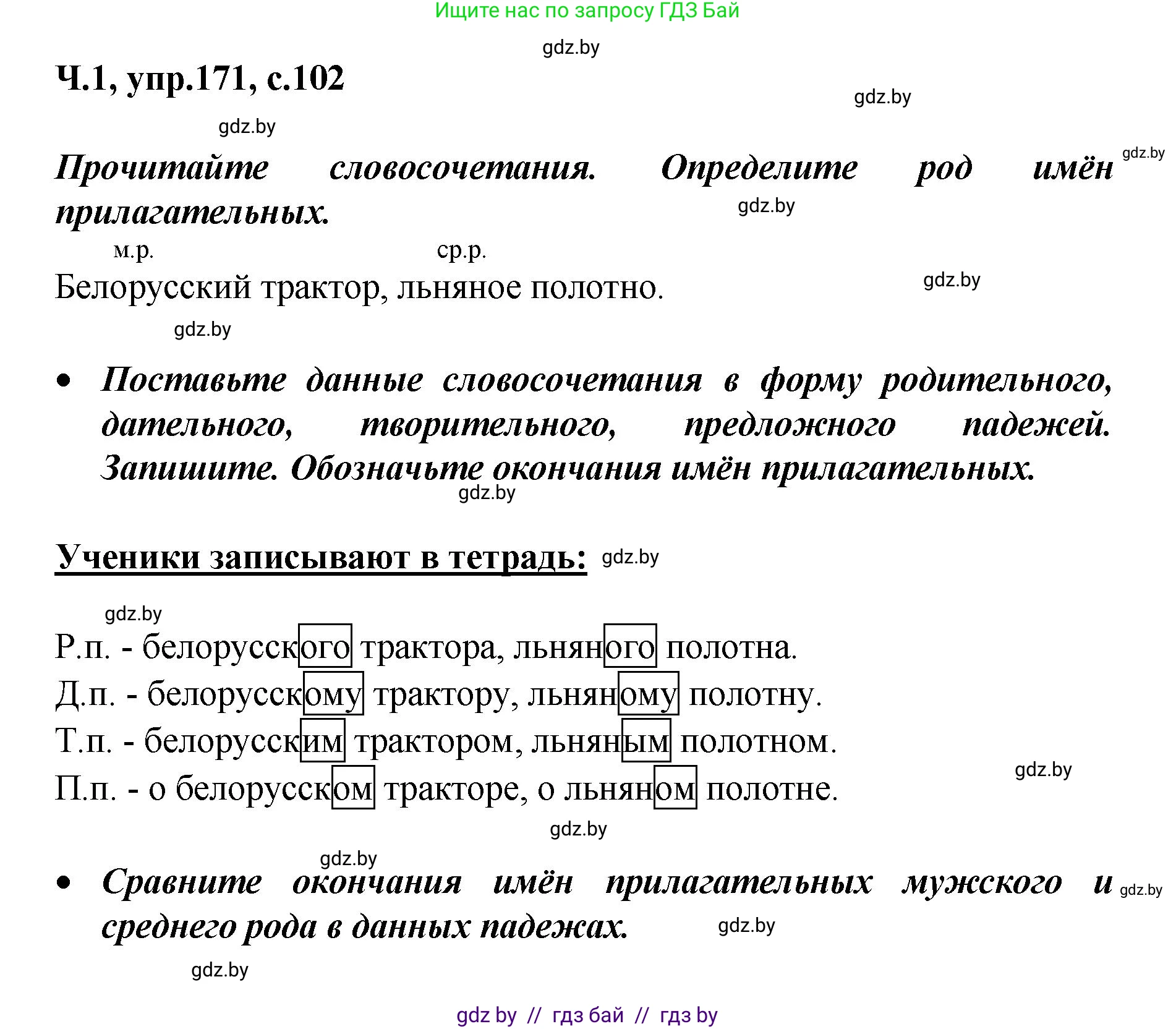 Русский язык, 4 класс Учебник, авторы: Антипова Маргарита Борисовна, Верниковская Алла Викторовна, Грабчикова Елена Самарьевна, издательство Академия образования, Минск, 2024, оранжевого цвета, Часть 1, страница 102, номер 171, Решение