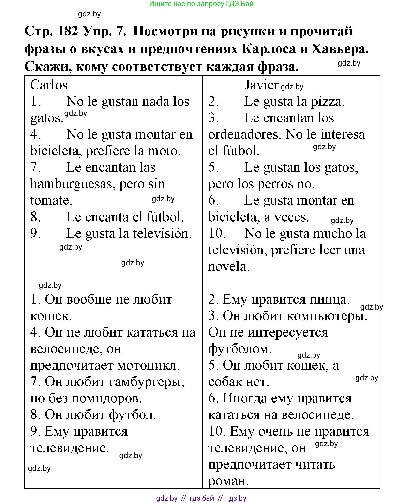Испанский язык, 6 класс Учебник, автор: Гриневич Елена Карловна, издательство Вышэйшая школа, Минск, 2016, зелёного цвета, страница 182, номер 7, Решение
